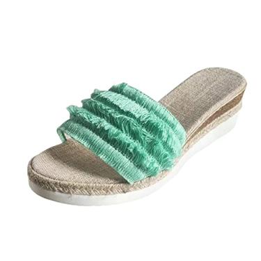 Imagem de Sandália feminina moda verão boêmio borla tecido colorido rosto bico aberto salto inclinado sola grossa bonito diamante sandálias para, Verde, 8