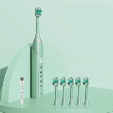 Imagem de Escova de dentes elétrica para adultos, com 5 cabeças de escova de reposição, cerdas macias, 5 modos, temporizador inteligente de 2 minutos, carregamento USB, escova de dentes eletrônica à prova d'águ