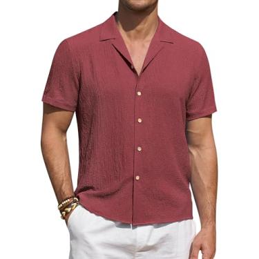 Imagem de DEMEANOR Camisa masculina de linho de manga curta para homens camisa casual de botão camisa de verão praia havaiana para homens, Vinho, P