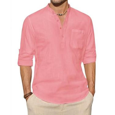 Imagem de J.VER Camisas masculinas de linho de algodão casual manga longa Henley camiseta hippie praia tops férias camisetas com bolso, Coral, XXG