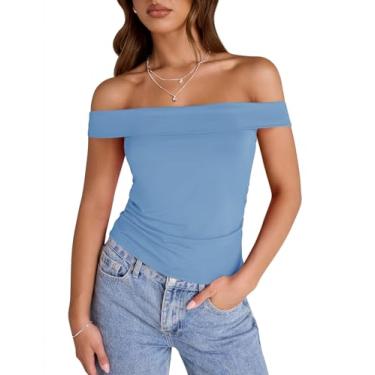 Imagem de LUYAA Camiseta feminina com ombros de fora e manga curta, caimento justo, franzida, roupas modernas Y2K, Cinza-azul, G