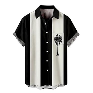 Imagem de Camisa masculina manga curta estampada abotoada verão praia camisa social memória, Preto, GG