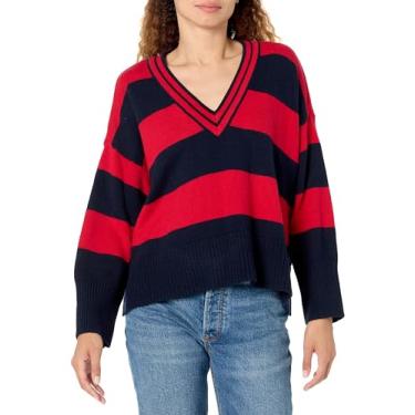 Imagem de Tommy Hilfiger Suéter feminino listrado de manga comprida com gola V, Capitão do céu/escarlate, M