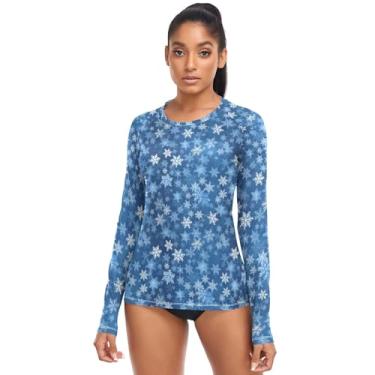 Imagem de Camiseta feminina Rash Guard FPS 50+, modesta, para natação, manga comprida, rashguard para mergulho ao ar livre, trilhas, Flocos de neve em azul, M