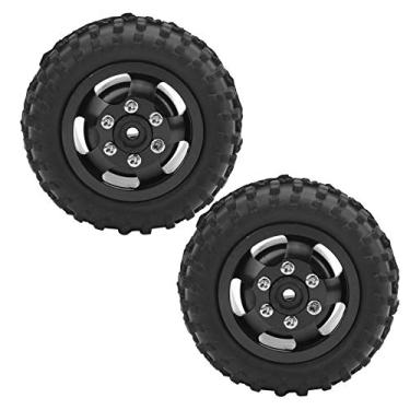 Imagem de VGEBY Pneu de borracha RC, escala 1/10 RC caminhão Buggy pré-colado 52 mm liga de alumínio antiderrapante pneus e rodas RC montados com forro de esponja para WPL D12 1/10 RC caminhão conjunto de 2 (preto)