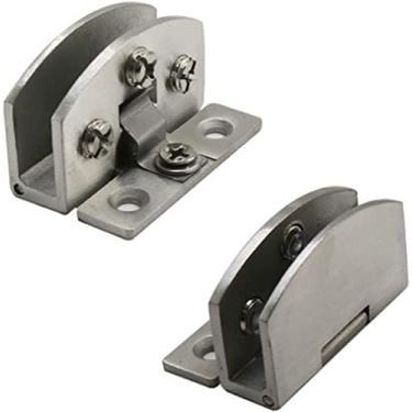 Imagem de 2 peças dobradiças, dobradiças de porta de vidro, dobradiças de liga de zinco, não há necessidade de perfurar clipes de dobradiça resistentes, porta de vidro para armário de vinho. Dobradiças