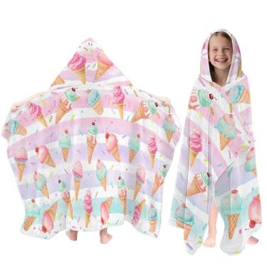 Imagem de Toalha de praia com capuz de sorvete para crianças, toalhas com capuz de desenho animado para crianças 76 cm x 127 cm, toalhas de praia infantis para piscina, viagens, natação, toalha de banho
