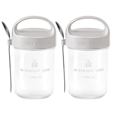 Imagem de Povinmos Pacote Com 2 Recipientes Para Aveia Noturna Tampa E Alça, Recipiente Hermético De 14 Oz, Potes Vidro Cereais, Leite, Frutas, Iogurte, Viagem, Salada, (Cinza)