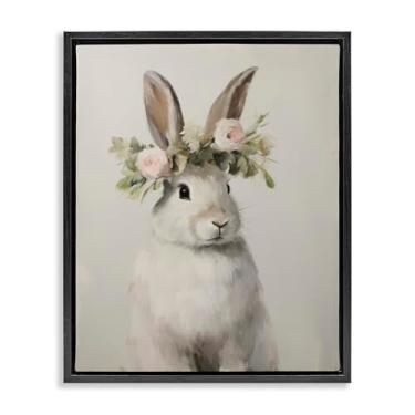 Imagem de Stupell Industries White Bunny Floral Crown Black Framed Floater Canvas Wall Art Design by Arlington Prints, 17 x 21