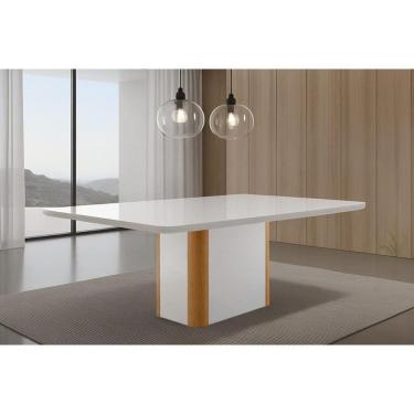 Imagem de Mesa de Sala Jantar Pietá c/ Tampo Madeirado c/ Vidro Canto Curvo 180X90cm Off White/Naturale/Off White - Rufato