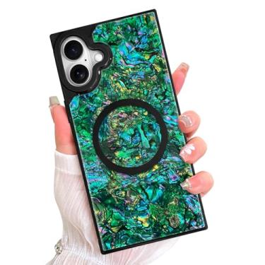 Imagem de AIGOMARA Capa retangular magnética para iPhone 16 Plus, compatível com Magsafe Luxury Sparkle Opalescent Pearl para mulheres meninas capa protetora com glitter brilhante com protetor de tela, verde