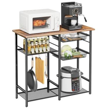 Imagem de LAKEMID Prateleira de cozinha industrial, prateleira de armazenamento utilitária de ilha de cozinha, suporte de micro-ondas com 6 ganchos, estrutura de metal, montagem simples, marrom vintage