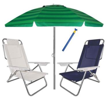Imagem de Kit Praia 2 Cadeira Summer Reclinável 6 Pos + Guarda Sol 2,4m + Saca A