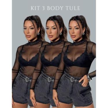 Imagem de Kit 3 Blusa Body Feminino Tule Sexy Luxo Gola Alta Manga Longa - KVOD 