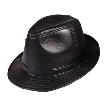 Imagem de Chapéus masculinos e femininos de inverno de couro genuíno para cavalheiros britânicos de aba larga ajustados Fedoras preto 55 cm