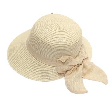 Imagem de Chapéu de sol feminino feminino de aba larga grande chapéu de sol com laço panamá para férias casual chapéu de palha estilo 001A bege tamanho adulto