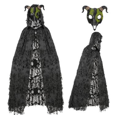 Imagem de 2 peças, capa de ceifador, cabra, caveira, máscara, capa preta com capuz, cosplay, bruxa, bruxa, diabo, demônio, fantasia