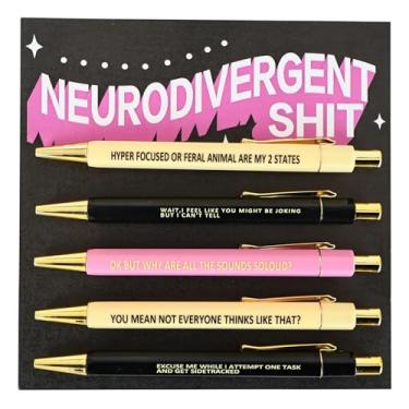 Imagem de 5 canetas engraçadas neurodivergentes de , caneta personalizada com citações hilárias, canetas hilárias de uso diário, presentes de humor de escritório, tinta preta, ponta média de 1,0 mm (