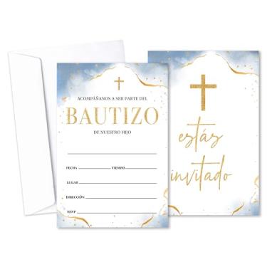 Imagem de Bgohrd Aquarela Folha dourada Bautizo Convitation Boy, 25 First Holy Communion Invitations With Envelopes For Boys, Batismo Convites For Religious Celebration Christening -08