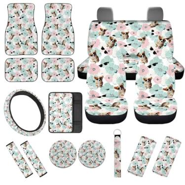 Imagem de Wunvihay Cute Dog Flower 17 peças acessórios de carro capas de assento conjunto completo capa de volante tapetes de chão almofada de console central suportes de copo almofadas de cinto de segurança