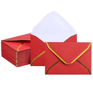 Imagem de Mini envelopes resistentes com borda dourada - pacote com 48 - envelopes de cartão de presente de Natal pequeno envelope para cartões de visita, envelopes vermelhos de casamento 9 x 6 cm
