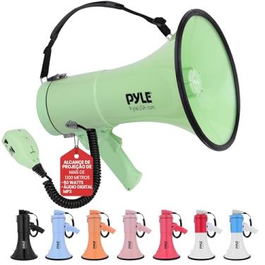 Imagem de Pyle Megafone Bullhorn de 50 W - portátil, sirene automática e volume ajustável, alcance de projeção de até 1200 jardas quadradas, entrada auxiliar, talk, sirene, música, apito e gravação, alça de