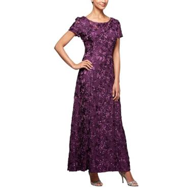 Imagem de Alex Evenings Vestido feminino longo roseta mãe da noiva com mangas curtas, Berinjela, 40