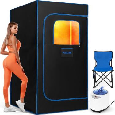 Imagem de X-Vcak Caixa de sauna portátil atualizada para relaxamento, desintoxicação, sauna a vapor para casa com vaporizador, controle remoto, cadeira dobrável, 9 níveis, 7 cm x 7 cm x 15 cm