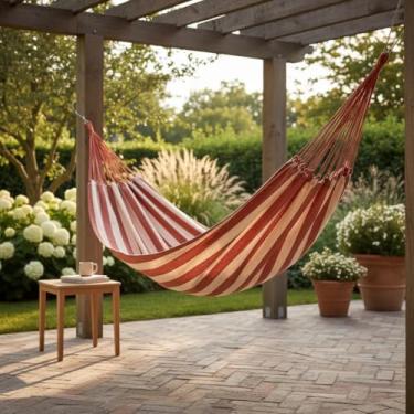 Imagem de Rede de Descanso Casal Listrada Gigante 3.90x1.50m Modelo Terra e Sol – Ideal para Varanda, Jardim e Piquenique ao Ar Livre (Terra com Bege)