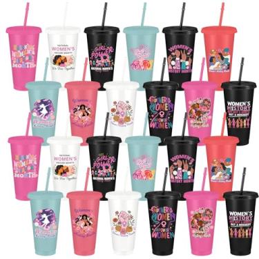 Imagem de Skylety 24 peças de copos femininos do mês da história a granel 680 g com tampas e canudos copo inspirador de plástico reutilizável março dia das mulheres decorações feministas suprimentos de festa