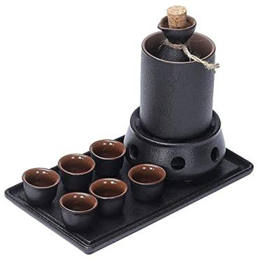Imagem de Conjunto de saquê de cerâmica com bandeja, bebida de saquê quente de cerâmica tradicional, 10 peças incluem 1 fogão, 1 tigela de aquecimento, 1 garrafa de saquê, 1 bandeja 6 xícaras
