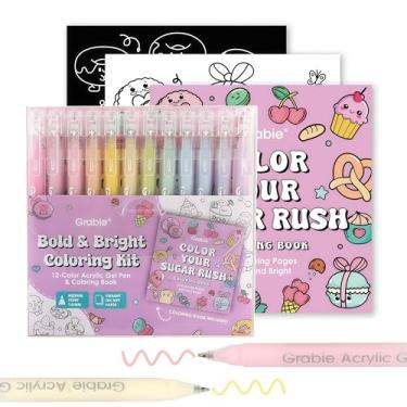 Imagem de Grabie Canetas de gel acrílico de 12 cores e livro de colorir, canetas de gel coloridas de ponta média, caneta de tinta de gel acrílica cores sortidas para desenhar, anotações, kit de colorir ousado e