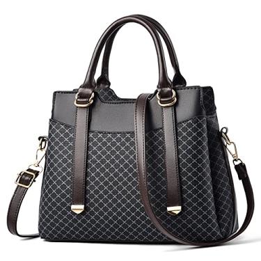 Imagem de Bolsa grande para mulheres, bolsa transversal com alça superior, bolsa de ombro xadrez, bolsa feminina com zíper, Preto
