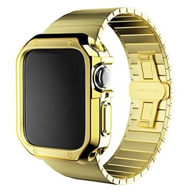 Imagem de SDUTIO para pulseira de relógio 44mm 42mm 40mm 38mm para i-Watch Series SE/7/6/5/4/3/2/1 capa protetora de silicone pulseira de metal (cor: 12 terno dourado, tamanho: 44mm)