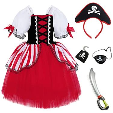 Imagem de TYHTYM Fantasia de pirata para meninas, fantasia de Halloween para meninos fofos, cosplay com chapéu (vermelho, 4-5T)