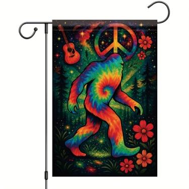 Imagem de Starlit Patio Pé grande bandeira de jardim Sasquatch bandeira de jardim 30,5 x 45,7 cm dupla face tie dye hippie símbolo da paz banner de quintal colorido galáxia floresta gramado decoração ao ar