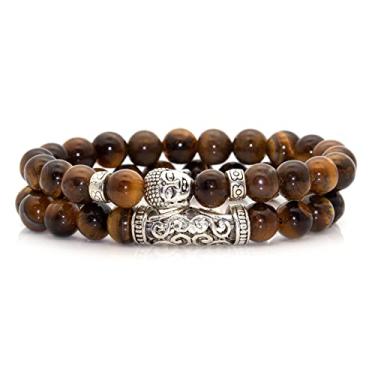 Imagem de Xusamss Pulseiras modernas de pedra olho de tigre de 8 mm pulseiras elásticas com cabeça de Buda, liga metálica, Sem Pedra Preciosa