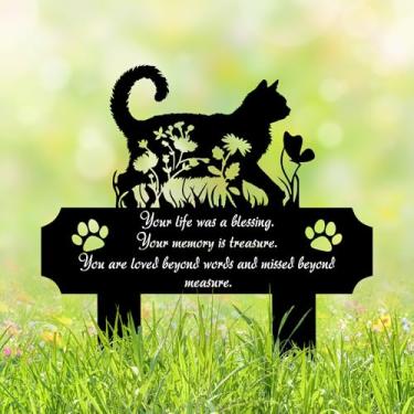 Imagem de HEGANITS Marcador de túmulo para gatos ao ar livre – Placa memorial de metal para animais de estimação de 30 cm com silhueta de gato de jardim, lápide à prova de intempéries para quintal ou homenagem