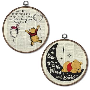 Imagem de Giosve Pôster emoldurado em tela redonda para berçário de urso, Love You to the Moon and Back, desenho animado urso porco, esculturas de parede para crianças, berçário, quarto, sala de jogos, 25 x 25