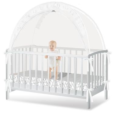 Imagem de Barraca de berço para evitar que o bebê suba - rede para manter o bebê dentro - capa de berço respirável - dossel com malha forte e zíper durável (branco - linhas, lager)