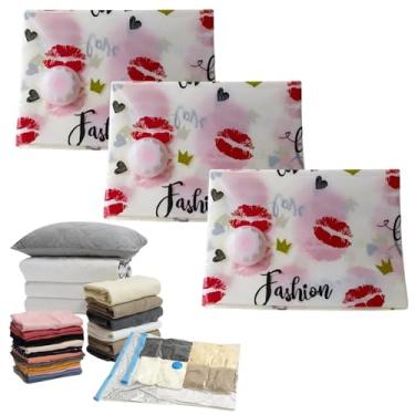 Imagem de Kit 3 Saco Sacola à Vacuo Reduz Volume Roupa Cobertores 80x110cm Organizador Armário Economize Espaço (Beijo)