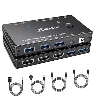 Imagem de Interruptor KVM 8K 1 monitor 2 computadores 8K @60Hz 4K @120Hz, comutador HDMI KVM com 3 portas USB 3.0 para 2 computadores, compartilhe 1 monitor, teclado, mouse, impressora, com 2 cabos USB e