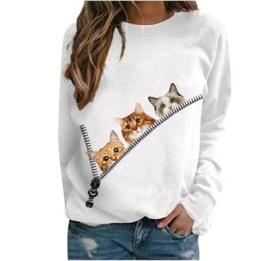 Imagem de Camiseta feminina casual de manga comprida com estampa de gato com gol