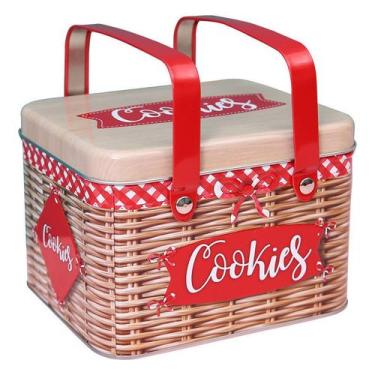 Imagem de Caixa de lata de biscoitos vermelha vintage com alça 15,3 x 12,7 x 9,4
