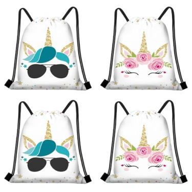 Imagem de KERINGO 16 peças de sacolas de lembrancinhas de festa para unicórnio com cordão, mochila de presente, doces, guloseimas à prova d'água, para decoração de festa com tema de unicórnio, meninas, meninos