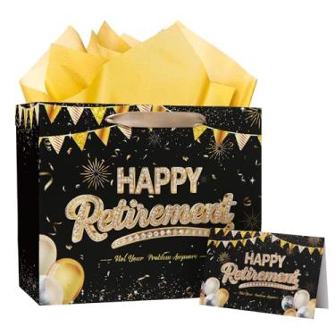 Imagem de NIUBEHOHO Conjunto grande de sacolas de presente de aposentadoria - sacos pretos luxuosos de papel de seda dourado com alça de fita para cartão comemorativo com design de balão para homens aposentados