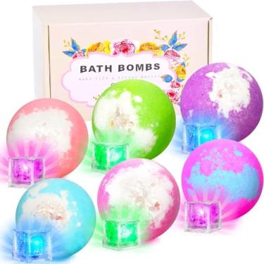 Imagem de Bombas de banho iluminadas com surpresa por dentro, 120 g XL conjunto de presente natural 6 com óleos essenciais, bombas de banho grandes de magnésio para mulheres, spa relaxante, hidratar a pele