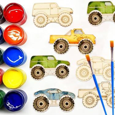 Imagem de JeVenis Lembranças de festa de caminhão monstro 26 peças DIY recortes de caminhão monstro de madeira artesanato lembrancinhas de festa veículos para pintar ornamentos de caminhão de madeira etiquetas