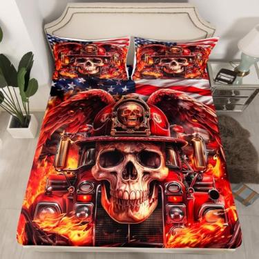 Imagem de Castle Fairy Jogo de lençol Queen com elástico alto, 3 peças, de caveira de bombeiro gótico, respirável (sem lençol de cima), lençol com elástico alto, estampa da bandeira americana