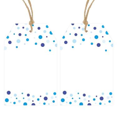 Imagem de Anwyll Etiquetas de presente com cordão - 100 peças de confetes azuis de bolinhas etiquetas de saco de presente personalizadas brancas para pendurar em papel para festa de aniversário, casamento, chá